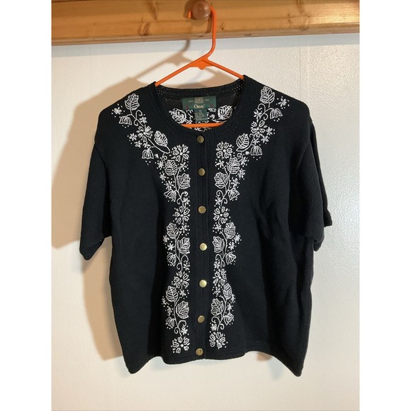 Orvis Women’s M Cardigan Floral Embroidery Black Sweater Short Sleeve Vintage - Picture 1 of 8